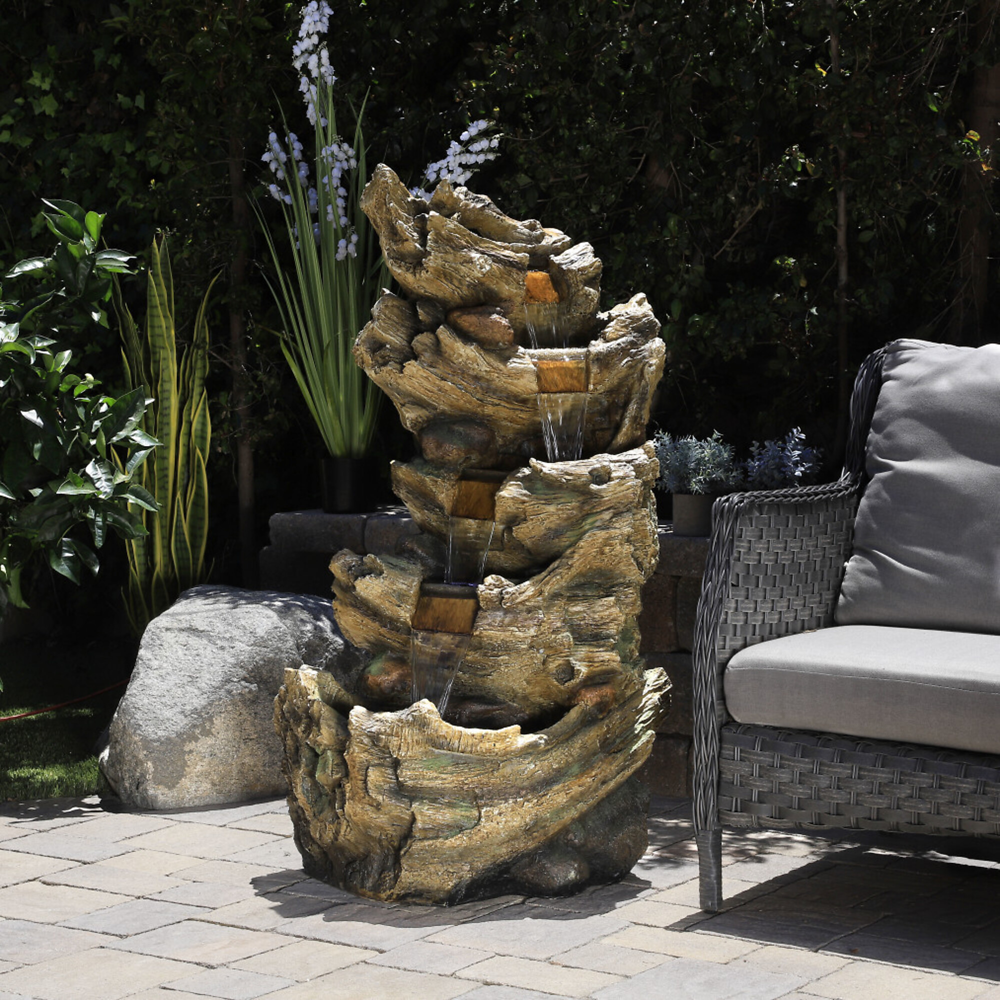 Alpine Corporation, 5-Tier Trunk Waterfall Fountain w/White LED Lights, Volts 120 Power Cord Length 6 ft, Model# TZL132